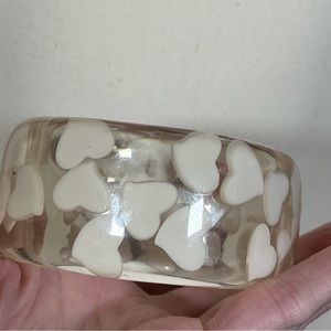Vintage Art deco Clear Lucite Floating Hearts Confetti Wide Bangle Bracelet